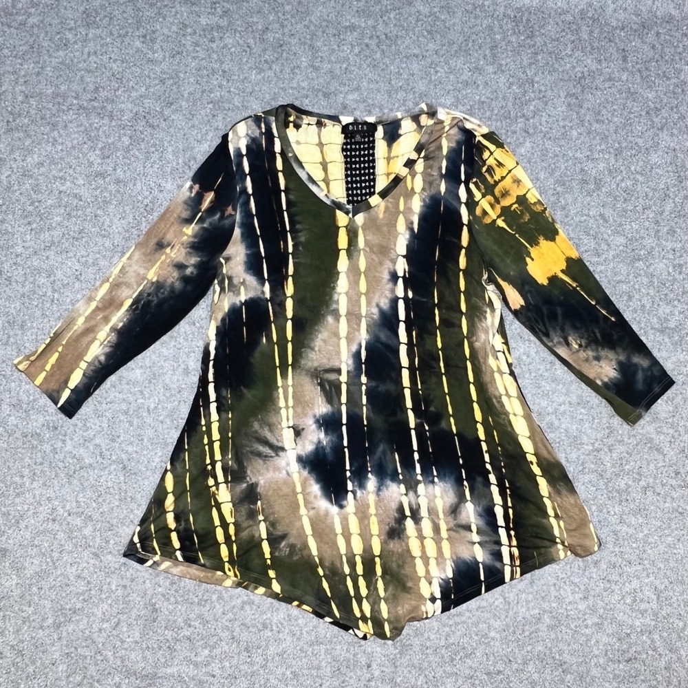 B.L.E.U. Womens XL Tie Dye V-Neck Sharkbite Tunic Top Black Olive Yellow
